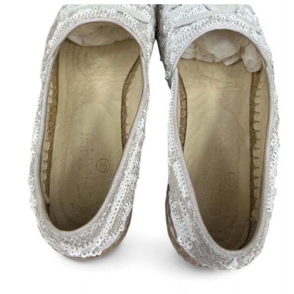 CHANEL White Woven Interlocking CC Logo Sequin Flat Espadrilles Size EU37 - Picture 7 of 15